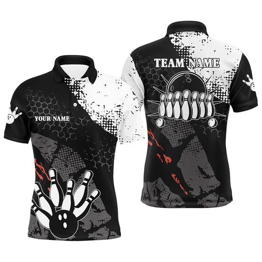 Schwarz-weiße Herren-Bowling-Poloshirts – Individuelle Retro-Bowlingkugel & Pins Bowling-Team-Liga-Trikots NQS6264