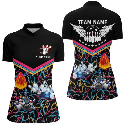 Schwarz gemusterte Multicolor-Bowlinghemden mit Viertelreißverschluss für Damen, maßgeschneiderte Team-Bowlingtrikots für Bowlerinnen NQS5386