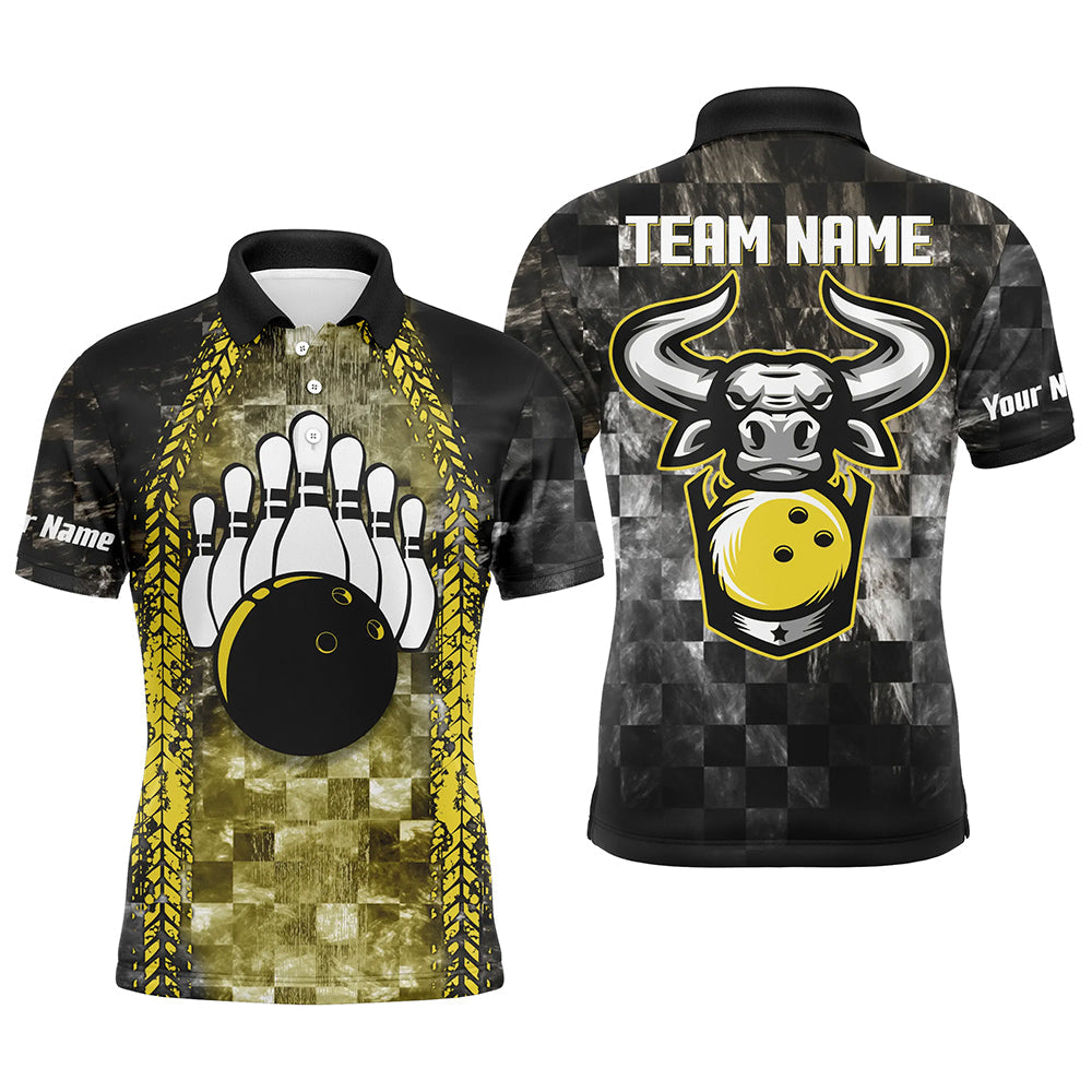 Bowling-Bulle Schwarz-Gelbe Herren-Bowling-Poloshirts – Individuelle Bowlingkugel & Pins, Team-Liga-Trikots NQS6499