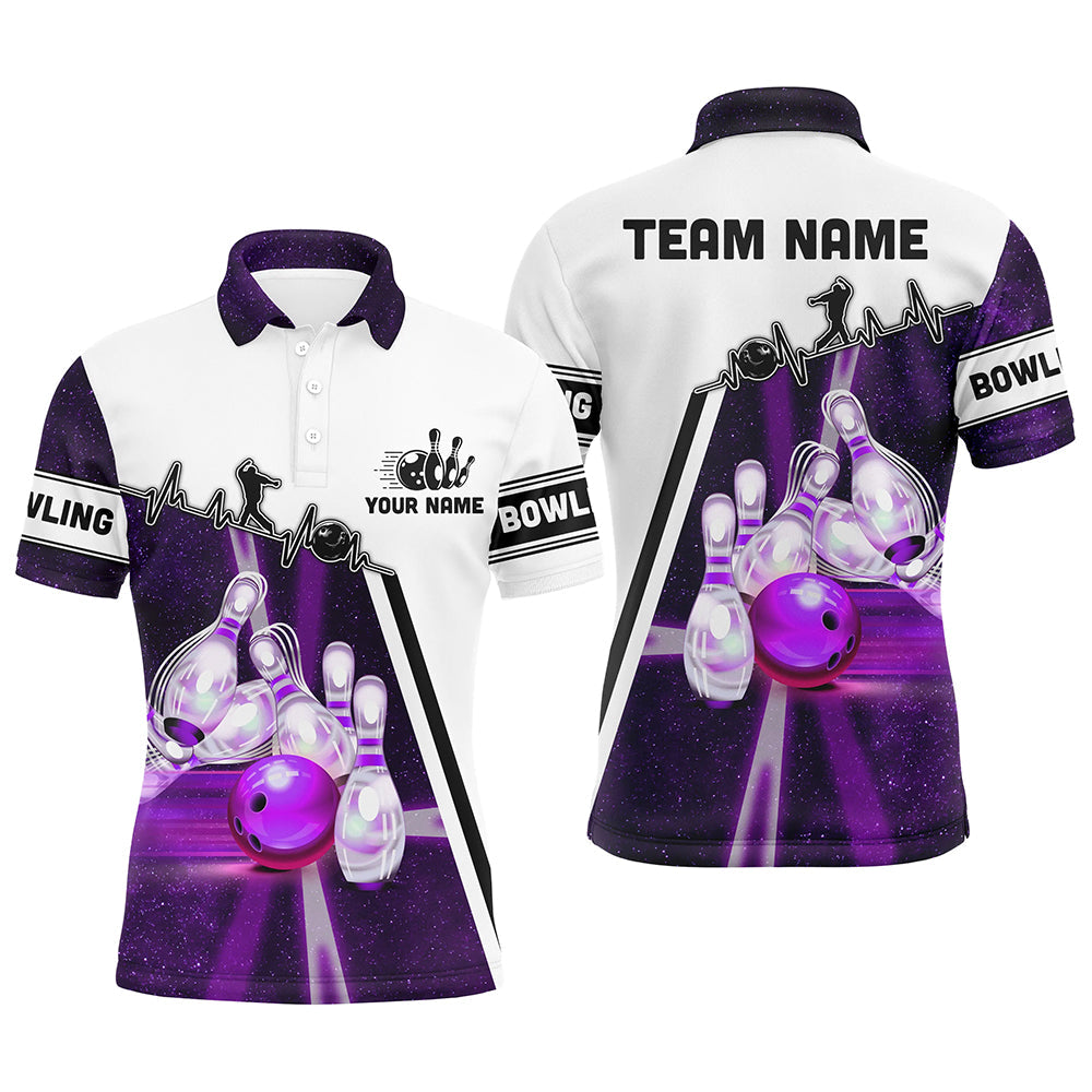 Lila-Galaxy-Bowlingkugel & Pins Muster – Individuelle Bowling-Poloshirts für Herren, Bowling-Team-Liga-Trikots, Bowling-Geschenke NQS6768