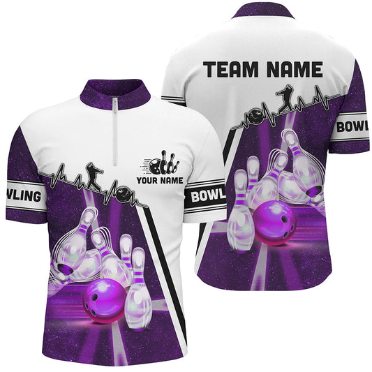 Lila-Galaxy-Bowlingkugel & Pins Muster – Individuelles Bowling-Quarter-Zip-Shirt für Herren, Team-Liga-Trikots NQS6768