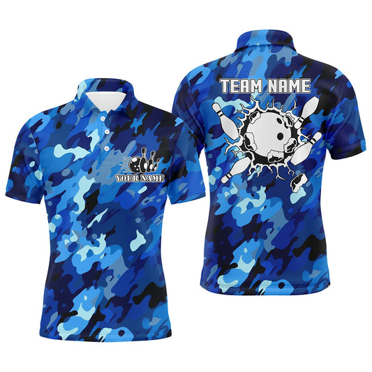 Bowling-Poloshirts für Herren – Individuelle Bowlingkugel & Pins, Blaue Tarn-Bowling-Team-Trikots NQS6285