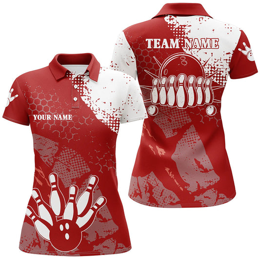 Rot-weiße Damen-Bowling-Poloshirts – Individuelle Retro-Bowlingkugel & Pins, Bowling-Team-Liga-Trikots NQS6500