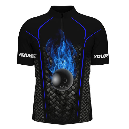 Schwarz-blaues Bowlinghemd für Herren, Viertelreißverschluss, personalisiertes 3D-Bowling-Teamtrikot NQS5143