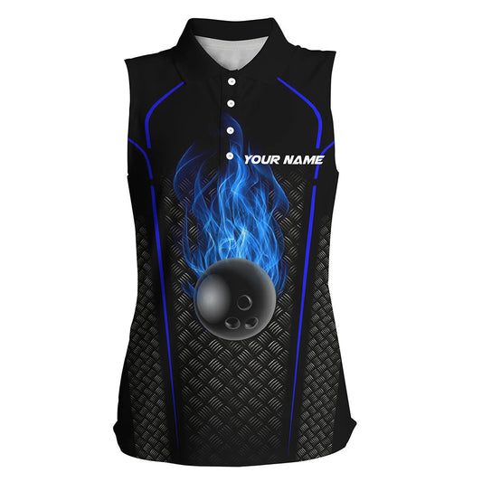 Blaues ärmelloses Bowling-Poloshirt für Damen, personalisiertes 3D-Bowling-Teamtrikot NQS5143