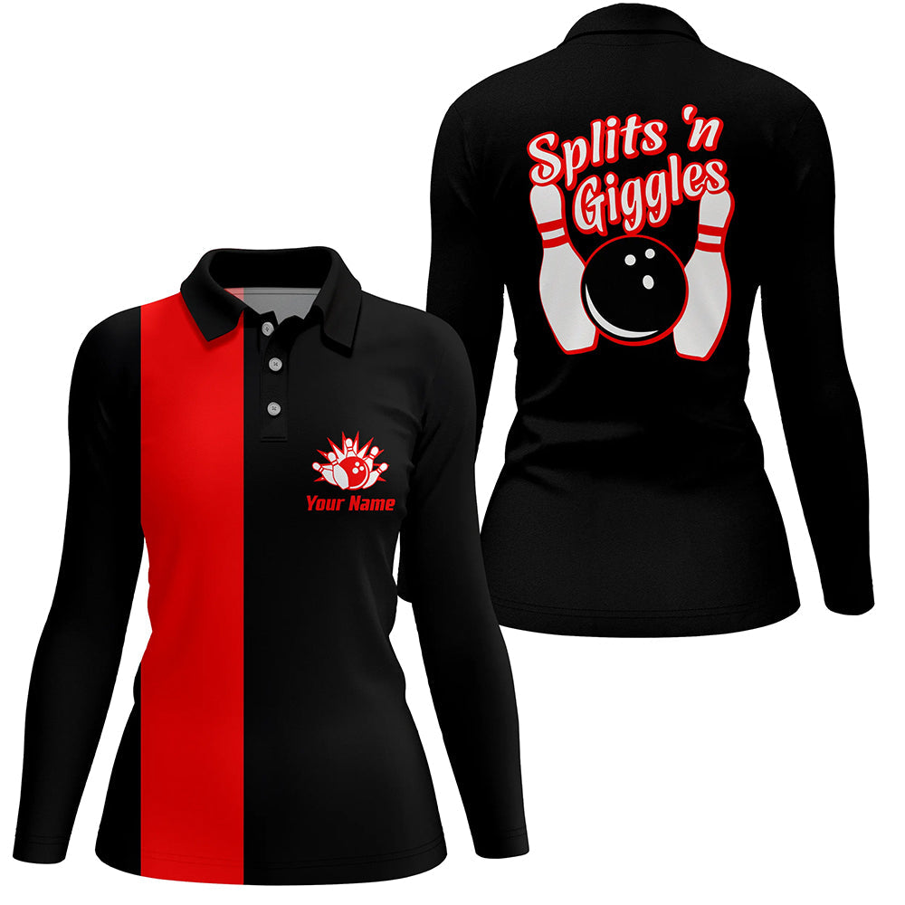 Splits'n Giggles“ Bowling-Poloshirt für Damen – Personalisierte schwarz-rote Retro-Bowling-Trikots NQS6073