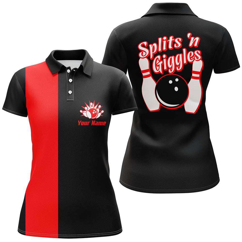 Splits'n Giggles“ Bowling-Poloshirt für Damen – Personalisierte schwarz-rote Retro-Bowling-Trikots NQS6073