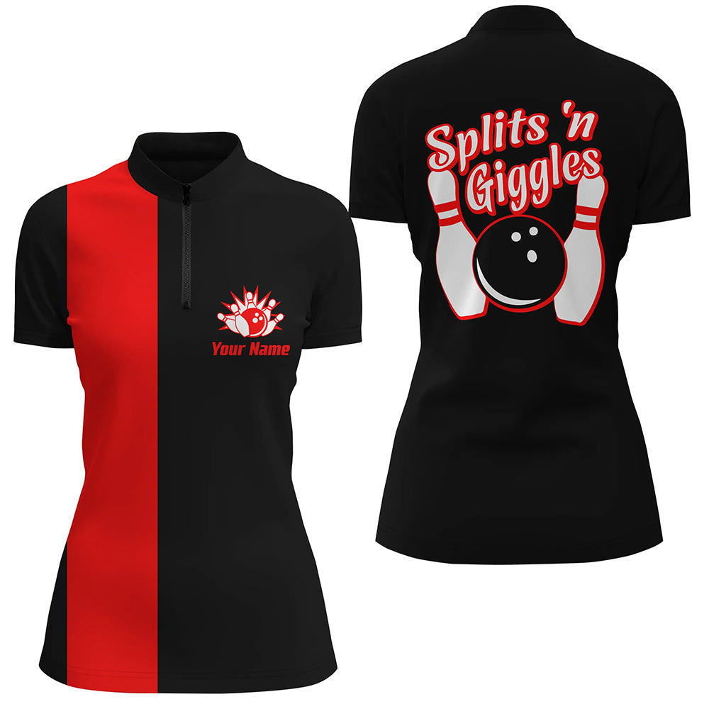 Splits'n Giggles“ Bowling-Quarter-Zip-Shirt für Damen – Personalisierte schwarz-rote Retro-Bowling-Trikots NQS6073