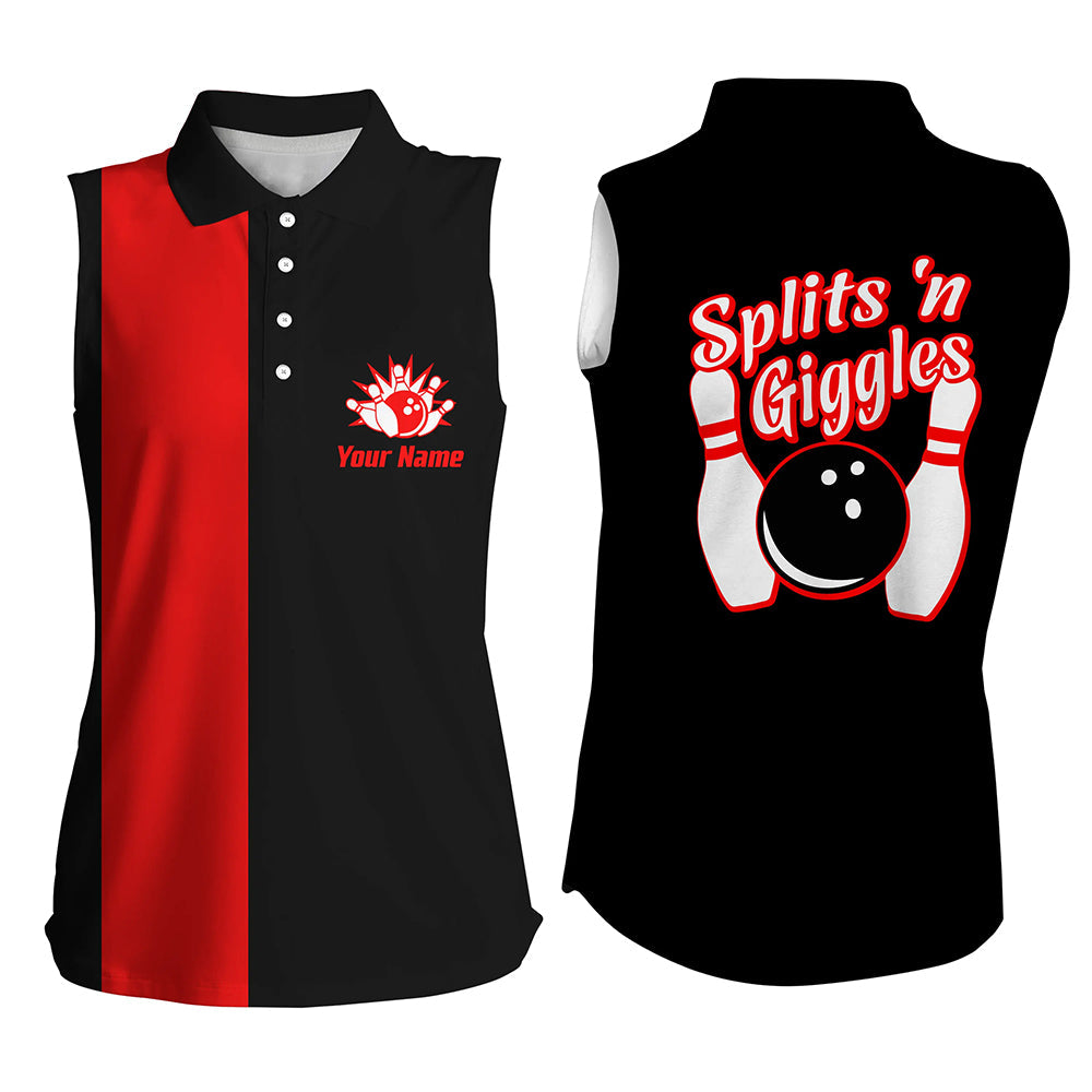 Splits'n Giggles“ Ärmelloses Bowling-Poloshirt für Damen – Personalisierte schwarz-rote Retro-Bowling-Trikots NQS6073