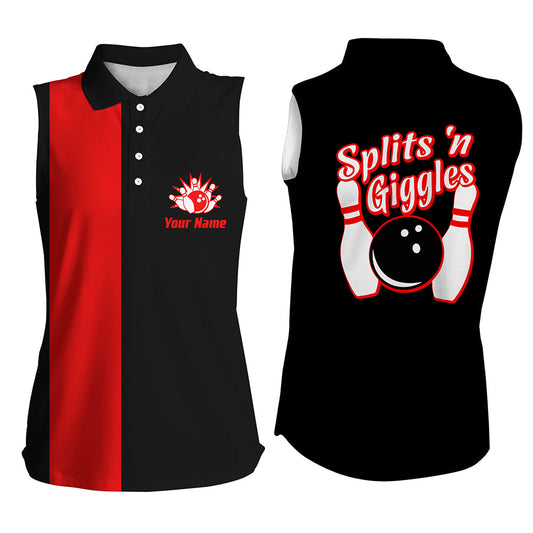 Splits'n Giggles“ Ärmelloses Bowling-Poloshirt für Damen – Personalisierte schwarz-rote Retro-Bowling-Trikots NQS6073