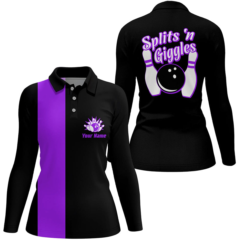 Splits'n Giggles“ Bowling-Poloshirt für Damen – Personalisierte schwarz-lila Retro-Bowling-Trikots NQS6074