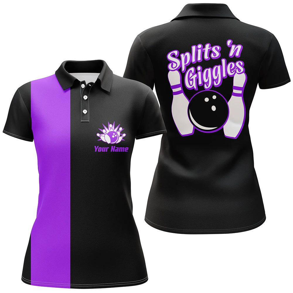 Splits'n Giggles“ Bowling-Poloshirt für Damen – Personalisierte schwarz-lila Retro-Bowling-Trikots NQS6074