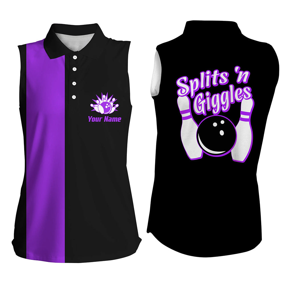 Splits'n Giggles“ Ärmelloses Bowling-Poloshirt für Damen – Personalisierte schwarz-lila Retro-Bowling-Trikots NQS6074