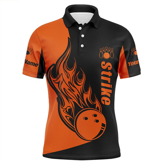 Individuelles Schwarz-Oranges Bowling-Poloshirt für Herren – Bowling-Team-Shirts „Bowling Strike“ NQS5661