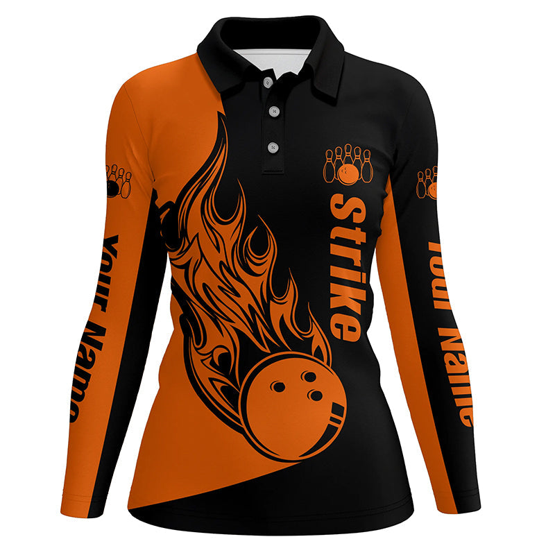 Individuelles Schwarz-Oranges Bowling-Poloshirt für Damen – Bowling-Team-Shirts „Bowling Strike“ NQS5661