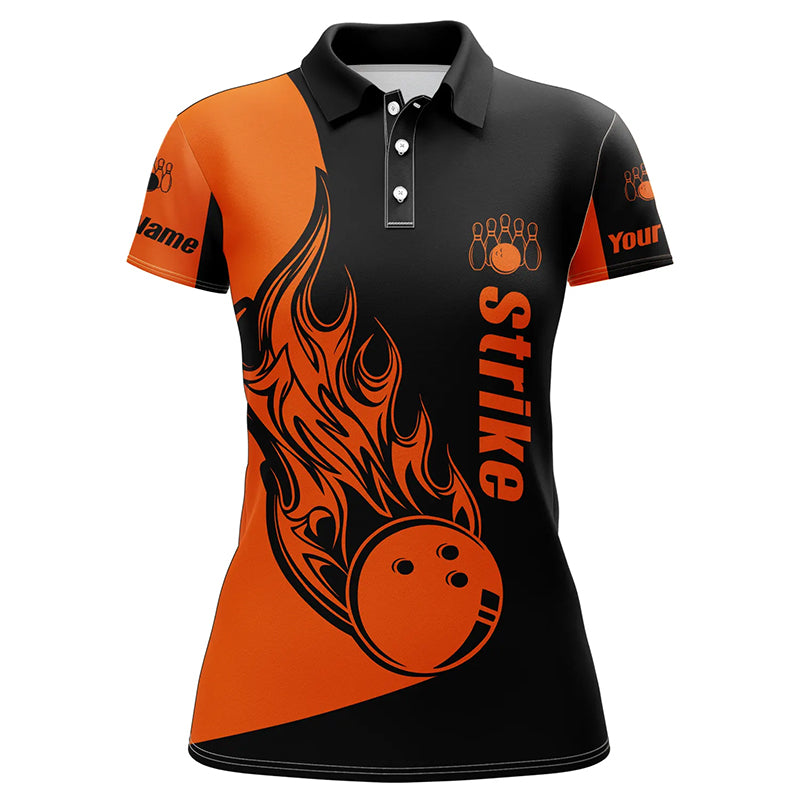 Individuelles Schwarz-Oranges Bowling-Poloshirt für Damen – Bowling-Team-Shirts „Bowling Strike“ NQS5661