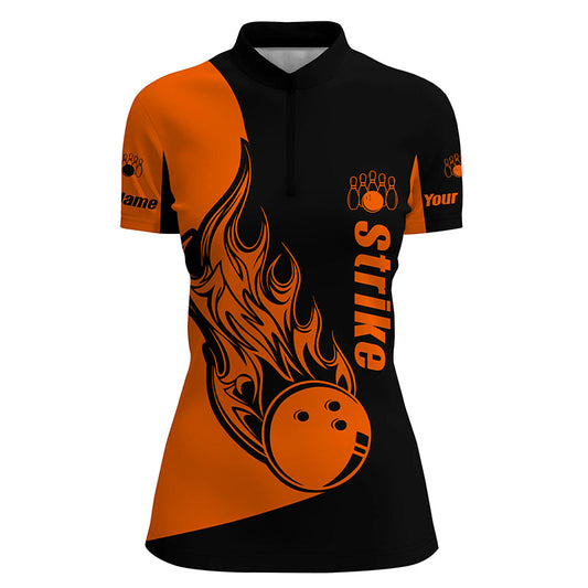 Individuelles Schwarz-Oranges Bowling-Quarter-Zip-Shirt für Damen – Bowling-Team-Shirts „Bowling Strike“ NQS5661