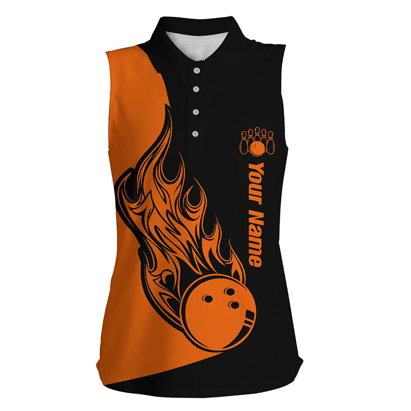 Individuelles Schwarz-Oranges ärmelloses Bowling-Poloshirt für Damen – Bowling-Team-Shirts „Bowling Strike“ NQS5661