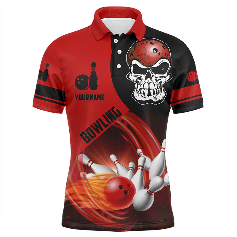 Rot-schwarzes Bowlingkugel & Pins Poloshirt für Herren – Individuelle Schädel-Bowling-Team-Trikots NQS6082