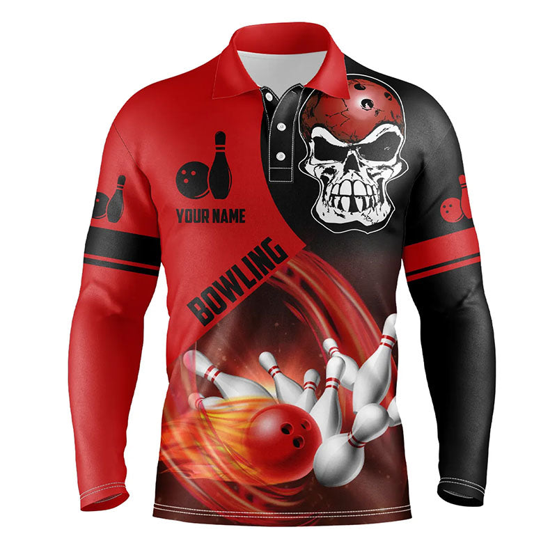 Rot-schwarzes Bowlingkugel & Pins Poloshirt für Herren – Individuelle Schädel-Bowling-Team-Trikots NQS6082