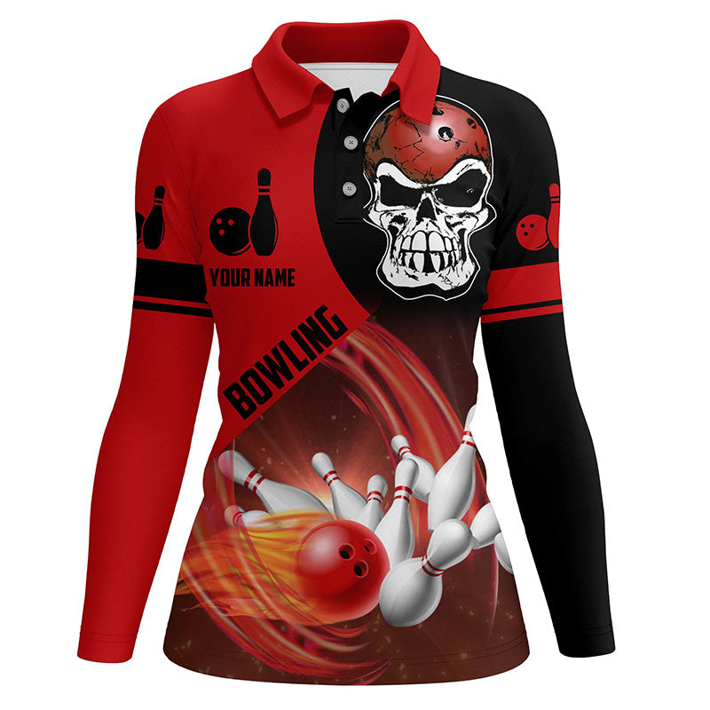 Rot-schwarzes Bowlingkugel & Pins Poloshirt für Damen – Individuelle Schädel-Bowling-Team-Trikots NQS6082