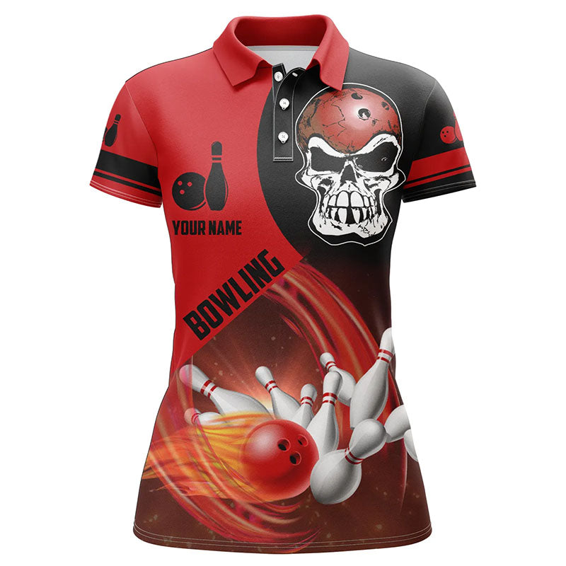 Rot-schwarzes Bowlingkugel & Pins Poloshirt für Damen – Individuelle Schädel-Bowling-Team-Trikots NQS6082