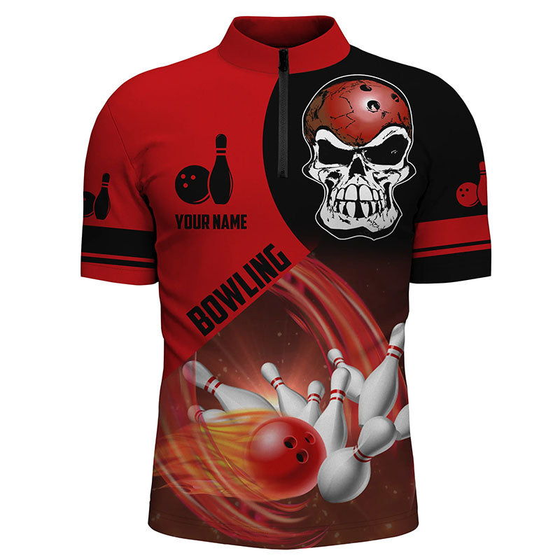 Rot-schwarzes Bowlingkugel & Pins Quarter-Zip-Shirt für Herren – Individuelle Schädel-Bowling-Team-Trikots NQS6082