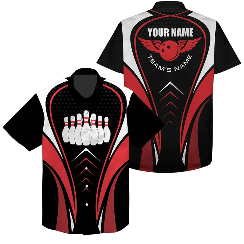 Personalisierte 3D-Bowling-Hawaiian-Shirts – Individuelle Rot-weiß-schwarze Bowlingkugel, Team-Button-up-Shirts NQS6539