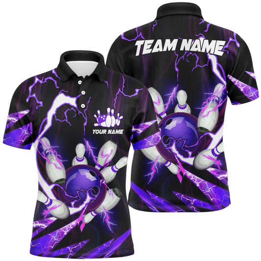 Flammen-Blitz-Donner Bowlingkugel & Pins Trikots – Individuelle Team-Bowling-Poloshirts für Herren | Lila NQS6550