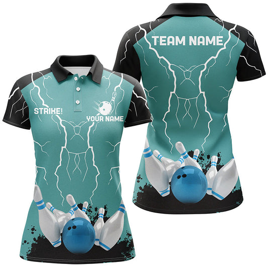 Damen-Bowling-Poloshirt – Individuelles „Strike“-Blitz-Donner-Team-Liga-Trikot | Türkis NQS6342