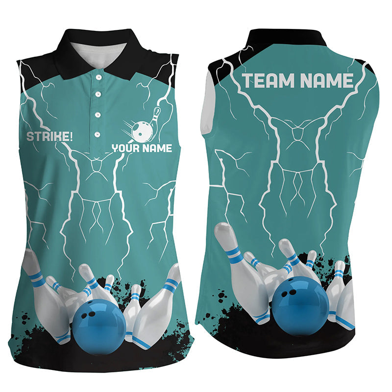 Damen-Ärmelloses Bowling-Poloshirt – Individuelles „Strike“-Blitz-Team-Liga-Trikot | Türkis NQS6342