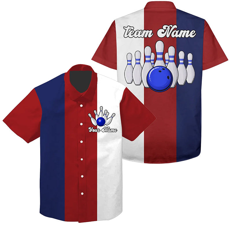 Personalisierte Rot-weiß-blaue Retro-Bowling-Hawaiian-Shirts – Individuelle Vintage-Team-Button-up-Shirts NQS6569