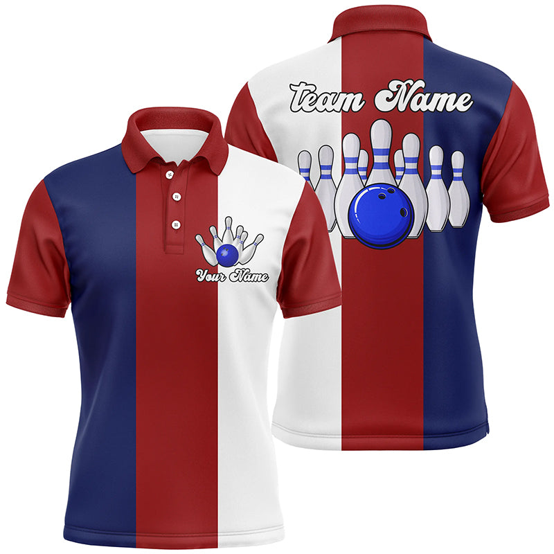 Personalisierte Rot-weiß-blaue Retro-Bowling-Poloshirts für Herren – Individuelle Vintage-Bowling-Team-Trikots NQS6569