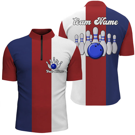 Personalisierte Rot-weiß-blaue Retro-Bowling-Quarter-Zip-Shirts für Herren – Individuelle Bowling-Team-Trikots NQS6569