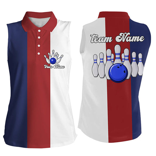 Personalisierte Rot-weiß-blaue Retro-Ärmellose Bowling-Poloshirts für Damen – Bowling-Team-Trikots NQS6569