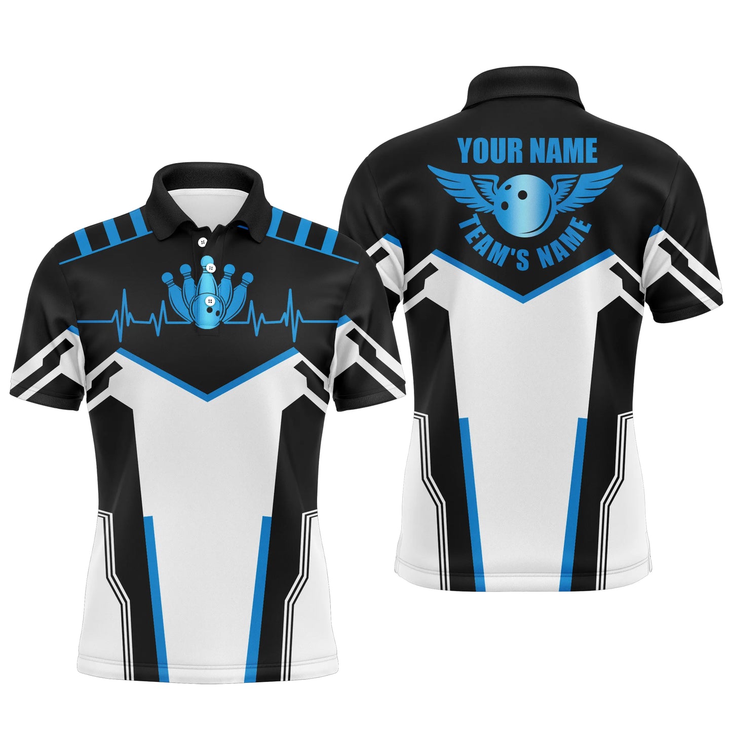 Schwarz-weiße Bowlinghemden für Herren, personalisierter Name und Teamname, Bowlingkugel und Pins, Herren-Poloshirts NQS4899