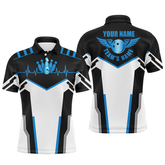 Schwarz-weiße Bowlinghemden für Herren, personalisierter Name und Teamname, Bowlingkugel und Pins, Herren-Poloshirts NQS4899