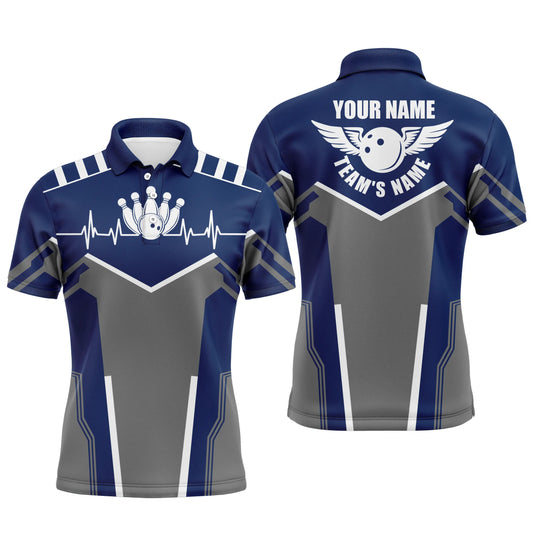 Bowlinghemden für Herren, personalisierter Name und Teamname, Bowlingkugel und Pins, Herren-Poloshirts | Navyblau NQS4900