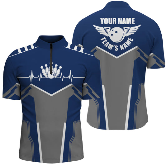 Bowlinghemden für Herren, personalisierter Name und Teamname, Bowlingkugel und Pins, Herren-Viertelreißverschluss-Hemden | Navyblau NQS4900