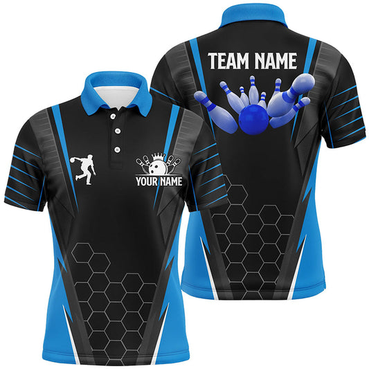 Schwarzes Herren-Bowling-Poloshirt – Individueller Name, Herren-Bowler-Trikot, Team-Bowling-Outfits | Blau NQS6133