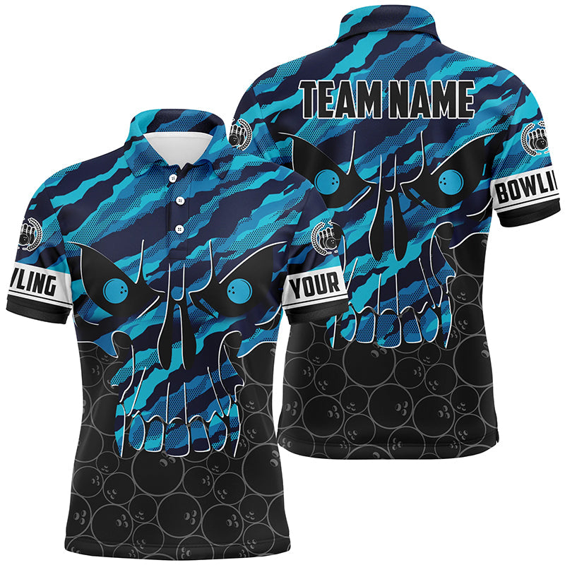 Personalisierte Schädel-Bowling-Shirts für Herren – Individueller Teamname, blaue Tarnmuster-Bowler-Trikot Poloshirt NQS6410