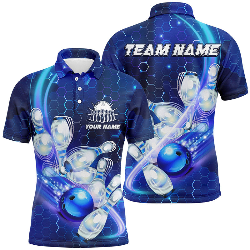 Herren-Bowling-Poloshirts – Individuelle Bowlingkugel & Pins mit Hexagon-Muster Bowling-Team-Trikots in Blauem Licht NQS6639