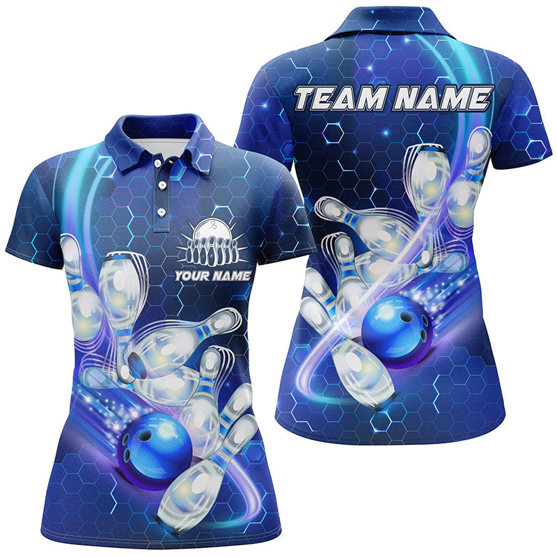 Damen-Bowling-Poloshirts – Individuelle Bowlingkugel & Pins mit Hexagon-Muster Bowling-Team-Trikots in Blauem Licht NQS6639