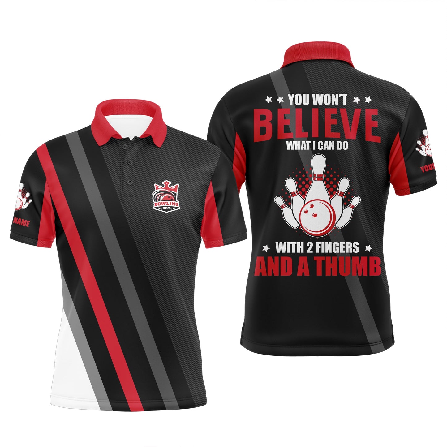 Rot-schwarze Herren-Bowling-Poloshirts, personalisiert: you won't believe what I can do with 2 fingers and a thumb NQS5286