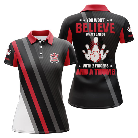 Rot-schwarze Damen-Bowling-Poloshirts, personalisiert: you won't believe what I can do with 2 fingers and a thumb NQS5286