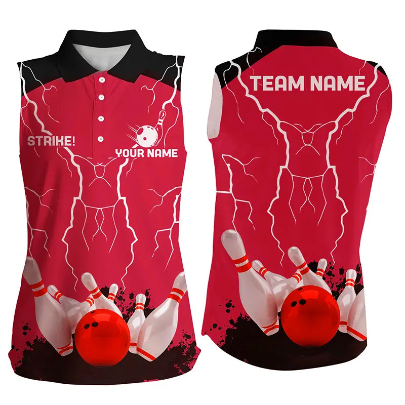 Damen-Ärmellose Bowling-Poloshirts – Individuelle Bowling-Strike Blitz-Sturm Team-Liga-Trikots | Rot NQS6646