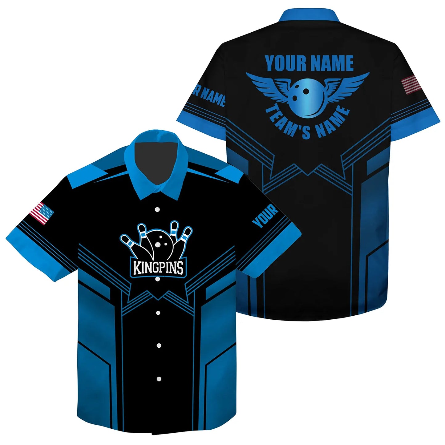 Blau-schwarzes hawaiianisches Bowlinghemd für Männer, personalisierter Name und Teamname, Männer-Bowling-Teamhemden NQS4770