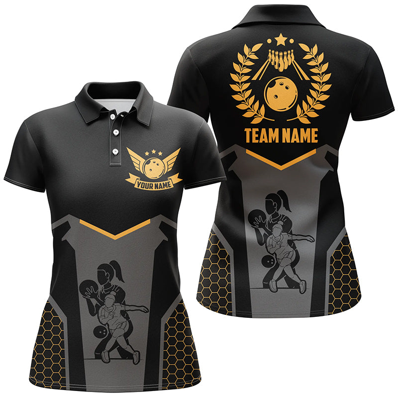 Schwarze Bowling-Trikots für Damen – Individuelle Retro-Bowling-Poloshirts für Team-Bowler | Gelb NQS6673