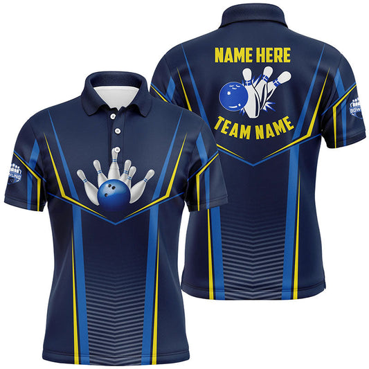 Bowling-Poloshirts für Herren – Individueller Name, Teamname, Bowlingkugel & Pins, Bowling-Team-Liga-Shirt | Blau NQS6210