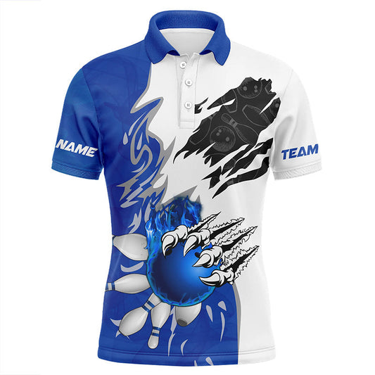 Weißes Bowling-Poloshirt für Herren – Individuelle Bowlingkugel & Pins, Flammen-Bowling-Shirt | Blau NQS6460